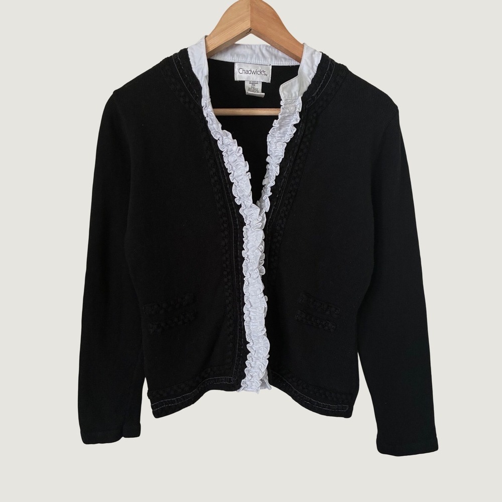 Chadwicks Vintage Academy Black Ruffle Trim Cardigan Sweater Petite‎ Medium PM